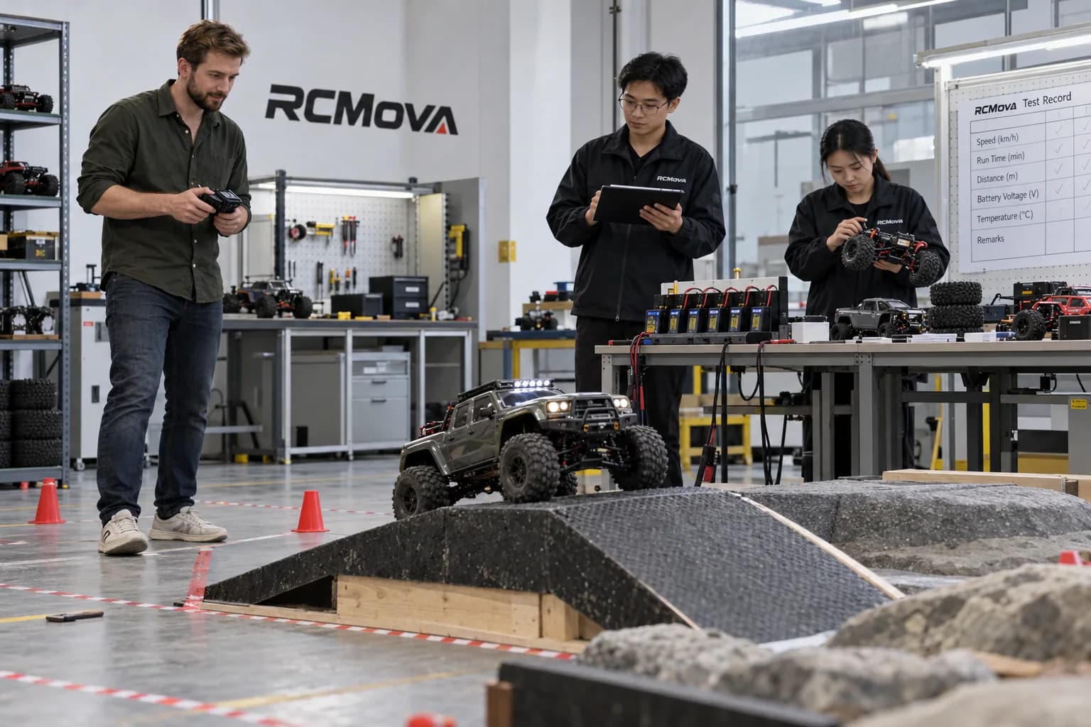 Overseas buyer testing an RC crawler while Asian RCMova engineers record sample performance