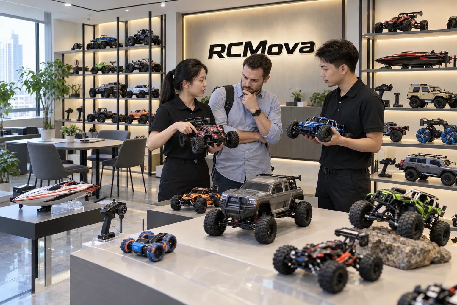 Overseas buyer comparing RC toy models with Asian RCMova staff in the Shenzhen sample room