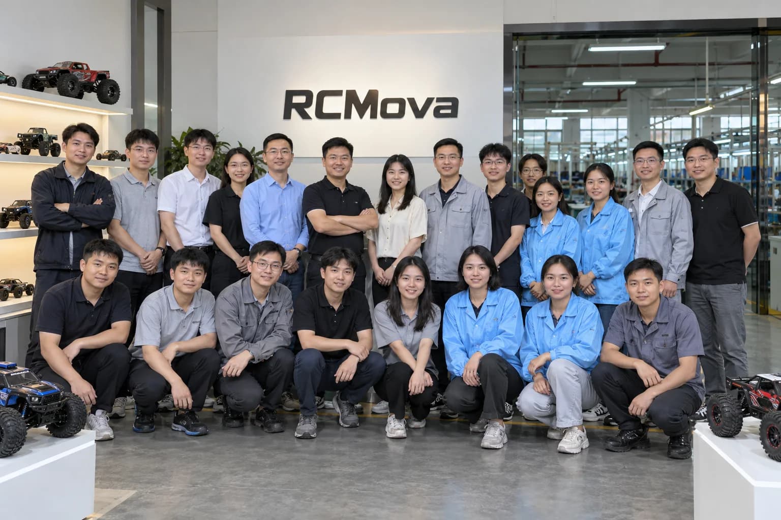 RCMova team group photo inside the Shenzhen remote control toy factory