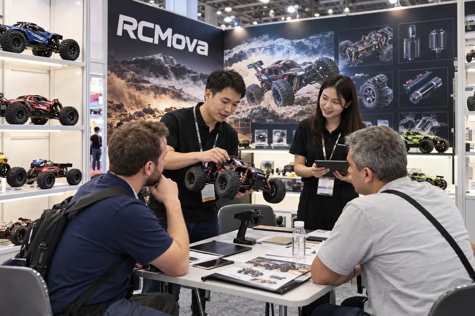 RCMova representatives demonstrating an RC off-road vehicle to international buyers at a toy trade show