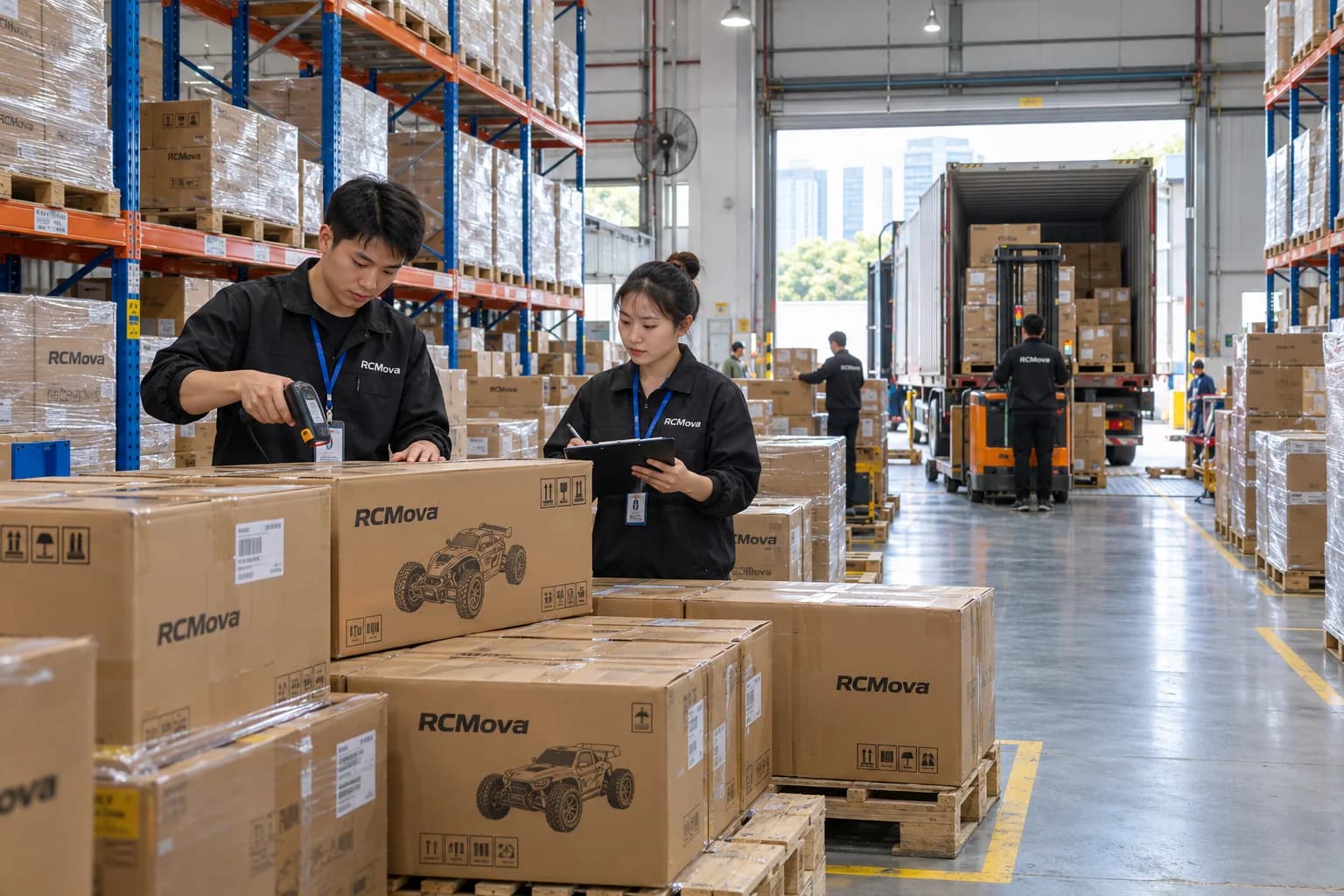 Asian RCMova warehouse employees scanning RC toy cartons before container loading in Shenzhen