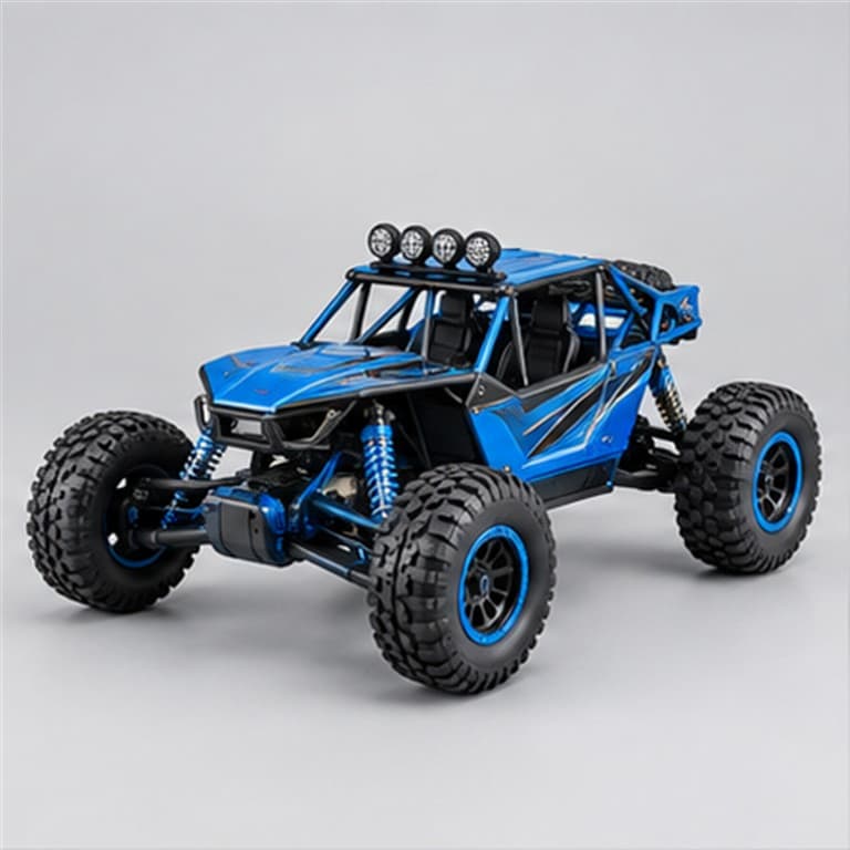 Blue off-road RC buggy with roll cage and large all-terrain tires on a studio background