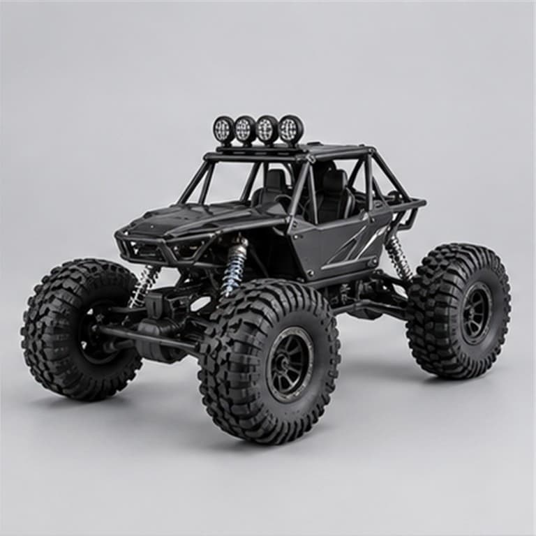 Black RC rock crawler with open roll cage and articulated off-road suspension