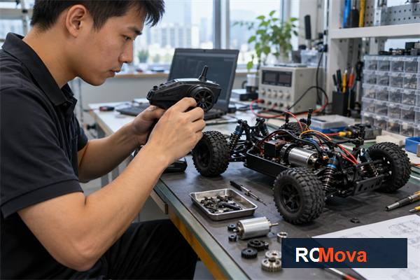 ESD Control for RC Toy Electronics Assembly — RC toy sourcing overview Asian electronics technician testing an RC controller and vehicle components; rc toy esd control buyer guide