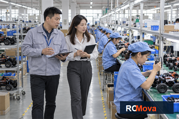 RC Toy Batch Traceability: Records Buyers Should Request — RC toy quality and shipment check Asian quality team reviewing rc toy batch traceability with a remote control toy at the factory