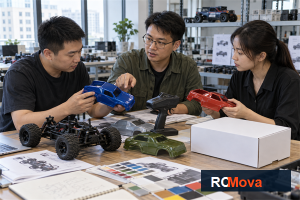 RC Toy Accessory Bundles: Buyer Qualification — RC toy sourcing overview Asian toy engineers reviewing RC vehicle body shells and packaging samples in Shenzhen; rc toy accessory bundle sourcing buyer guide