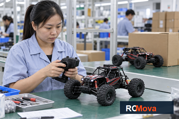 RC Toy Battery Shipping Guide: What Buyers Should Confirm Before Dispatch — RC toy quality and shipment check Asian quality inspector testing an RC vehicle at a Shenzhen factory inspection bench