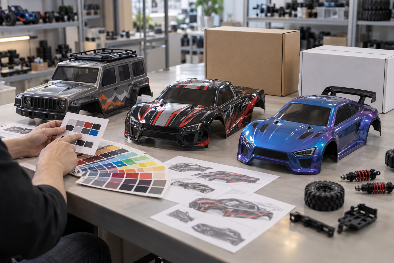 Remote control vehicle body shell color samples and private-label packaging mockups on a factory workbench