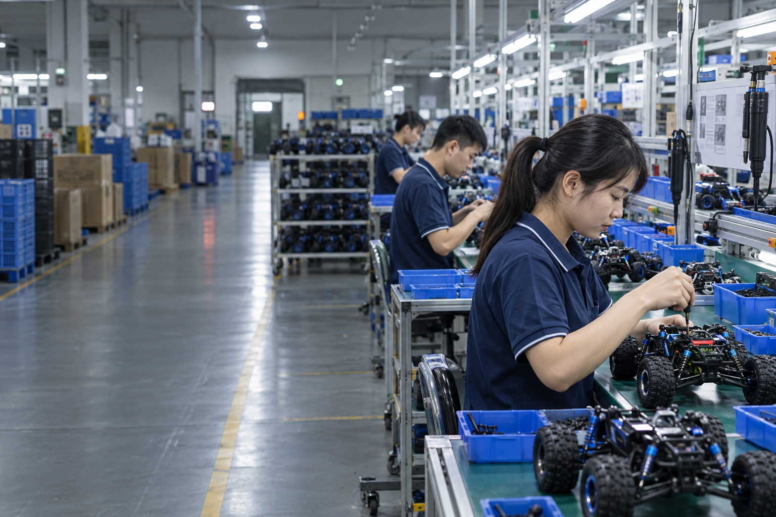 Asian workers assembling and inspecting remote control toy vehicles in a Shenzhen factory