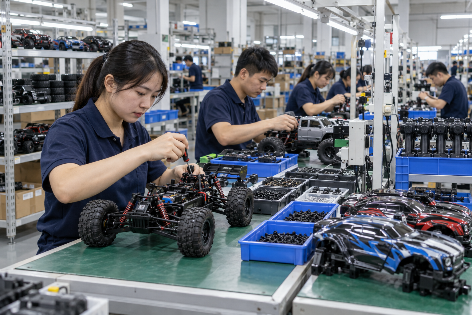 Asian production team assembling remote control vehicles at a bright Shenzhen factory workbench