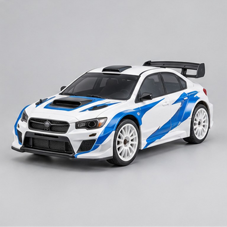 White and blue RC rally car with racing graphics and rear spoiler