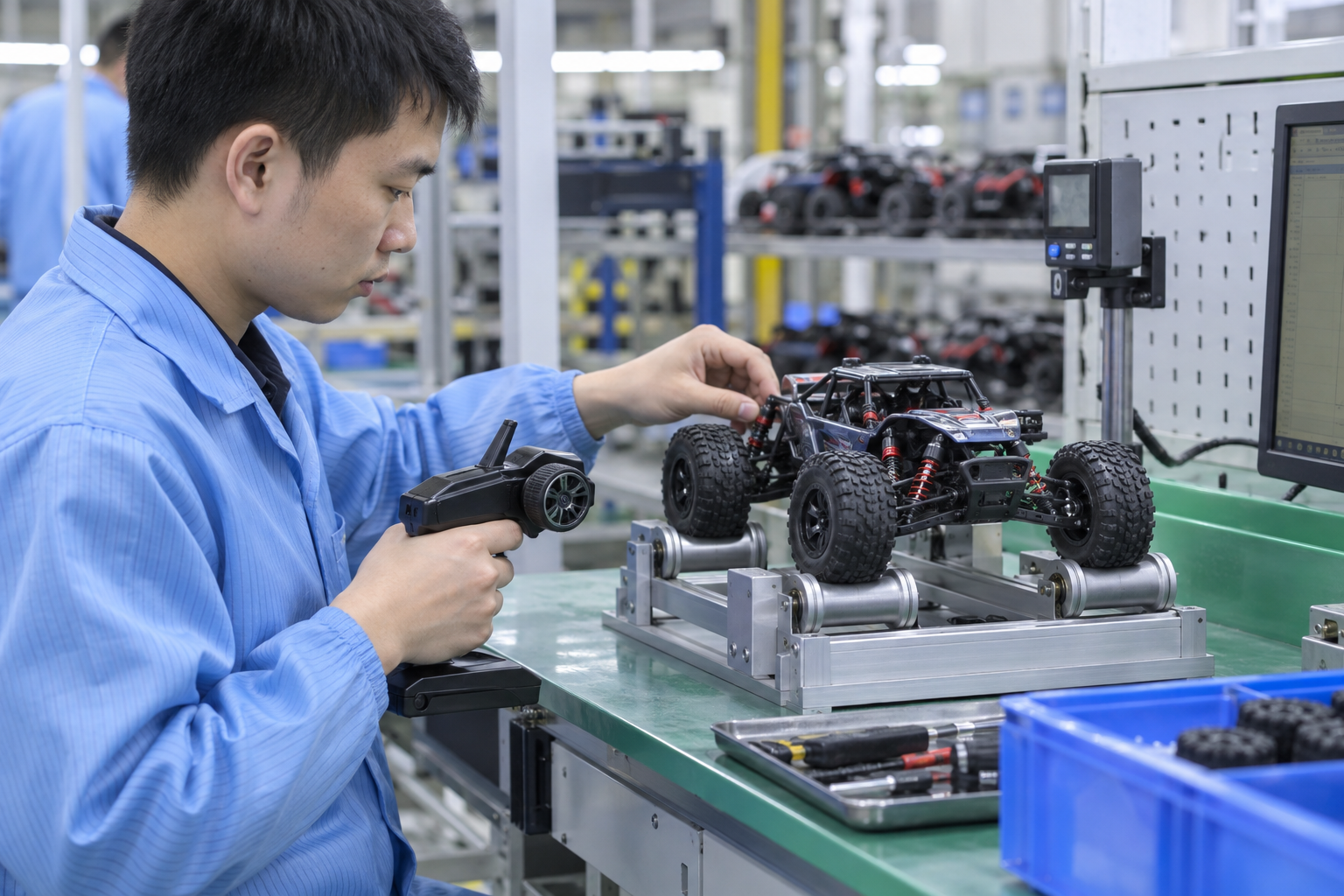 Asian quality inspector testing a remote control vehicle on a rolling test bench