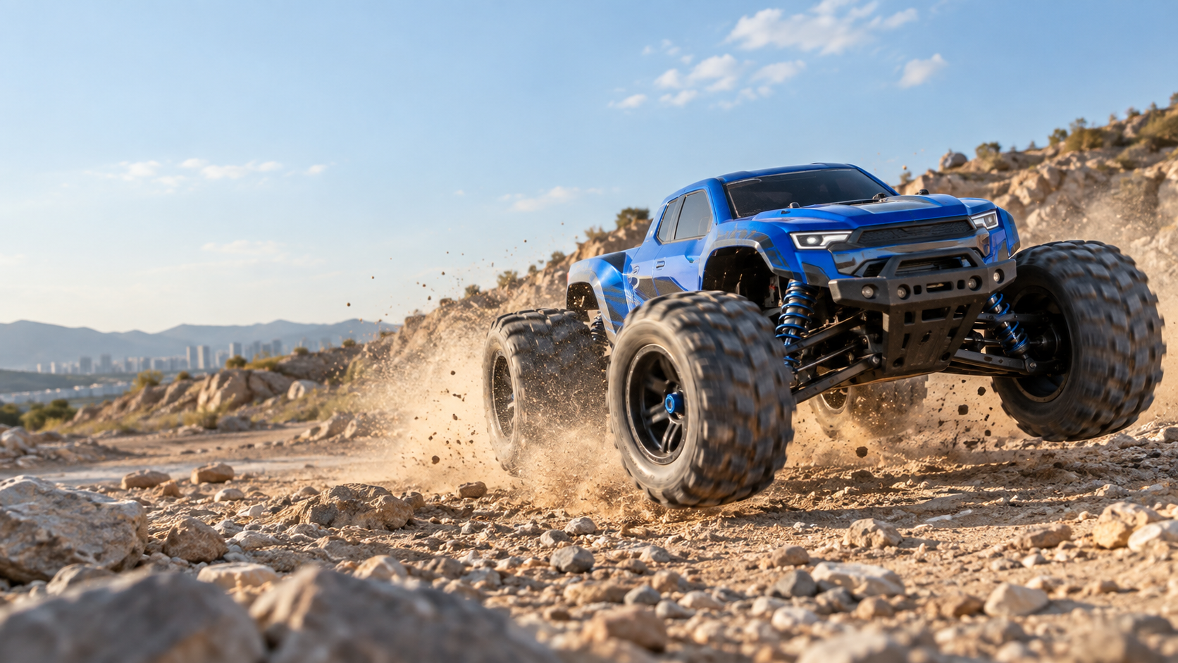 Blue off-road remote control truck being tested on a rocky track